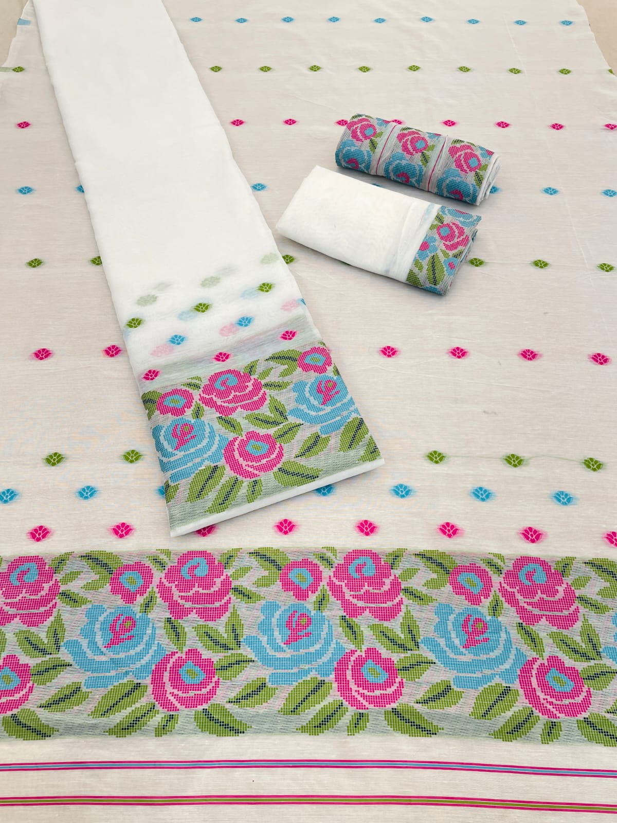 Toss Dyed Cotton Mekhela Chador Set – Woven Floral Assamese Traditional Wear