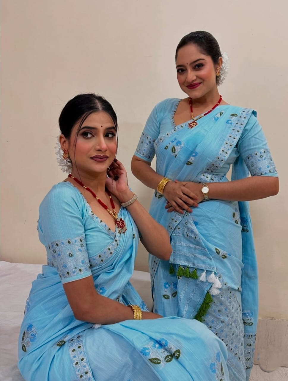 Buwa Cotton Kesapatt Mekhela Chador Set – Light Blue Assamese Woven Set with Floral Motifs & Tassel Detailing