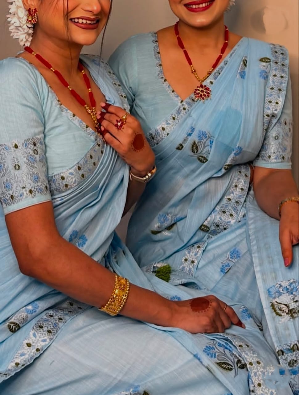 Buwa Cotton Kesapatt Mekhela Chador Set – Light Blue Assamese Woven Set with Floral Motifs & Tassel Detailing