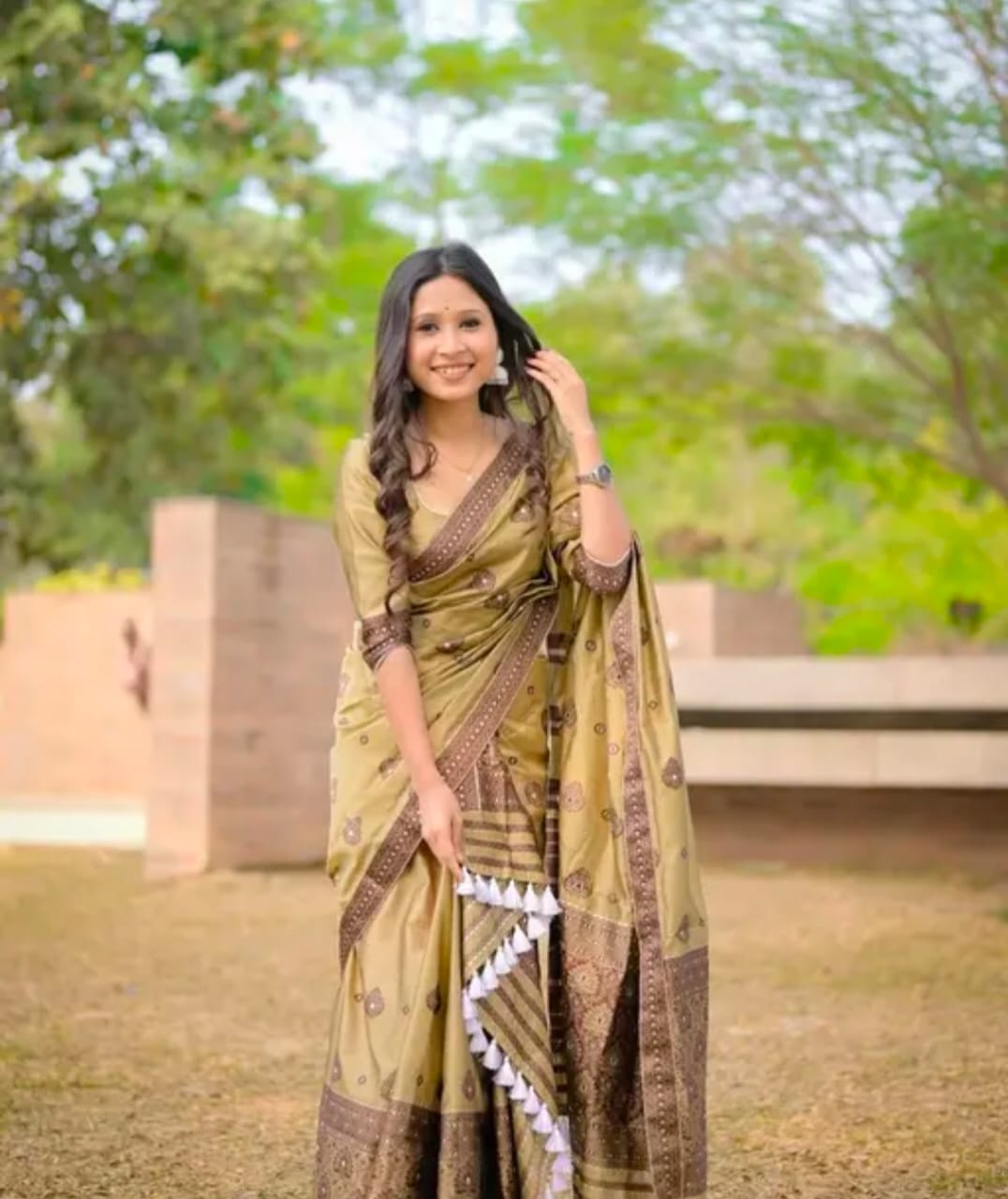 Elegant Olive Green Mix Poly Paat Assamese Mekhela Chador Set – Art Silk with Woven Design