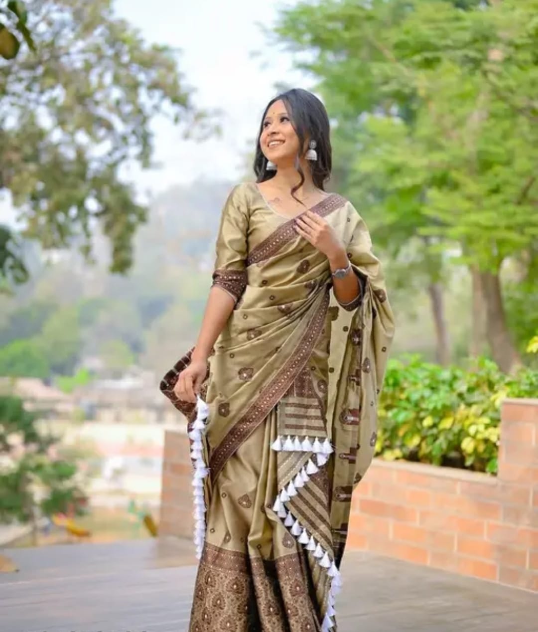 Elegant Olive Green Mix Poly Paat Assamese Mekhela Chador Set – Art Silk with Woven Design