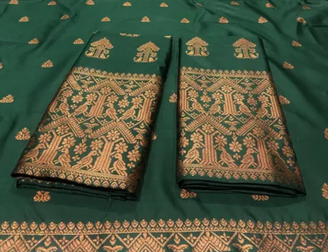 Gorgeous Green Mix Poly Paat Assamese Mekhela Chador Set – Woven Art Silk Elegance