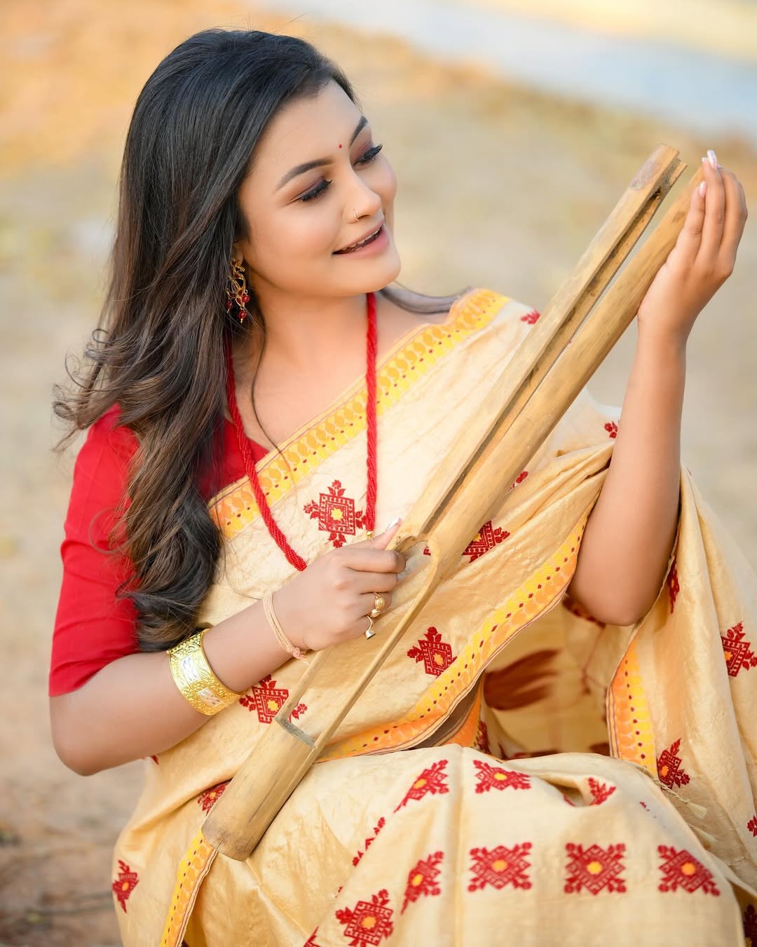 Beige Mixpaat Assamese Mekhela Chador Set – Art Silk, Woven Design, Traditional Wear