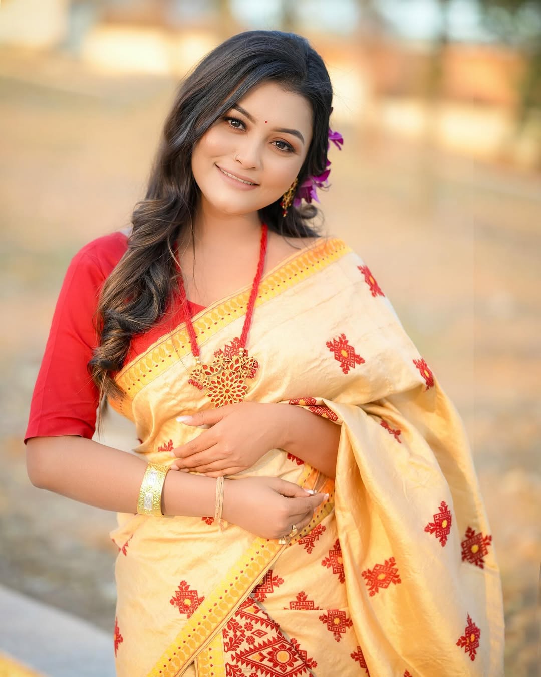 Beige Mixpaat Assamese Mekhela Chador Set – Art Silk, Woven Design, Traditional Wear