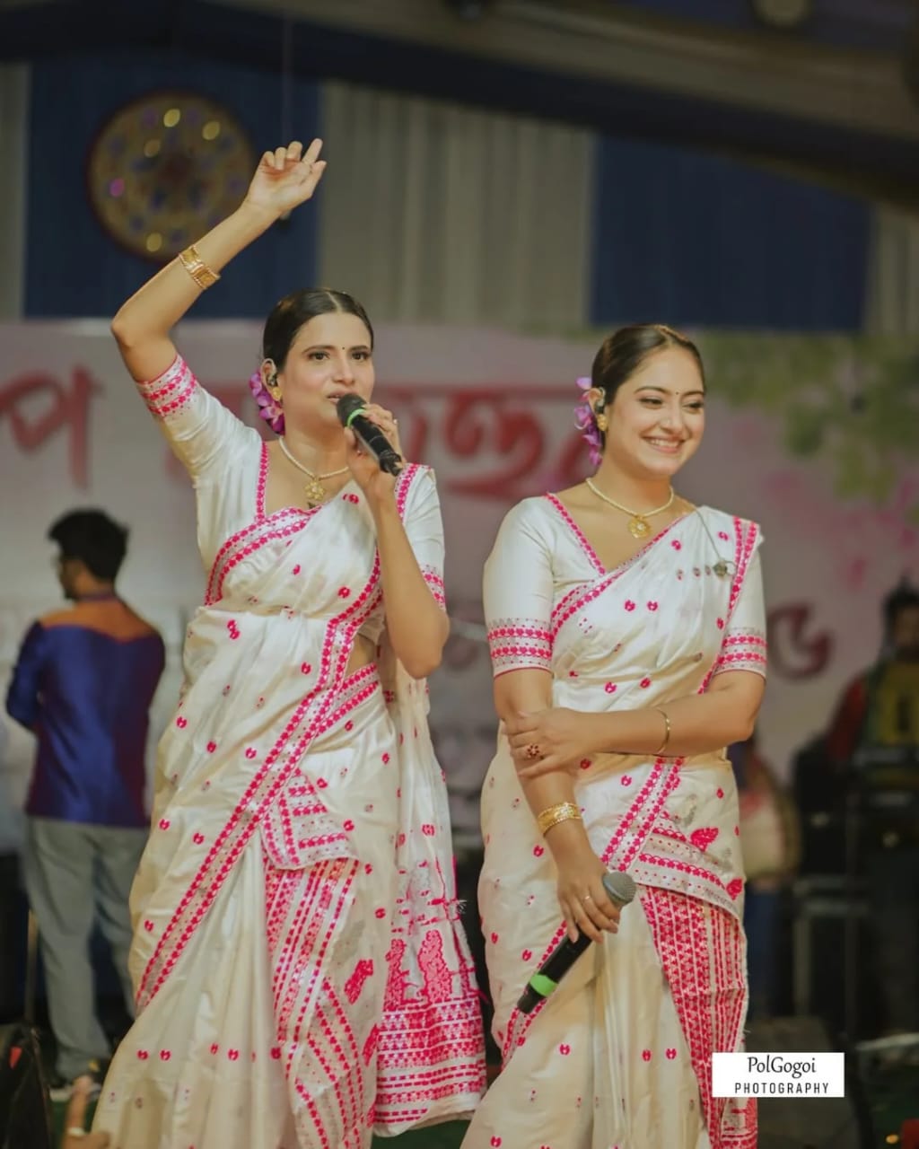 White & Pink Art Silk Assamese Mekhela Chador with Running Blouse