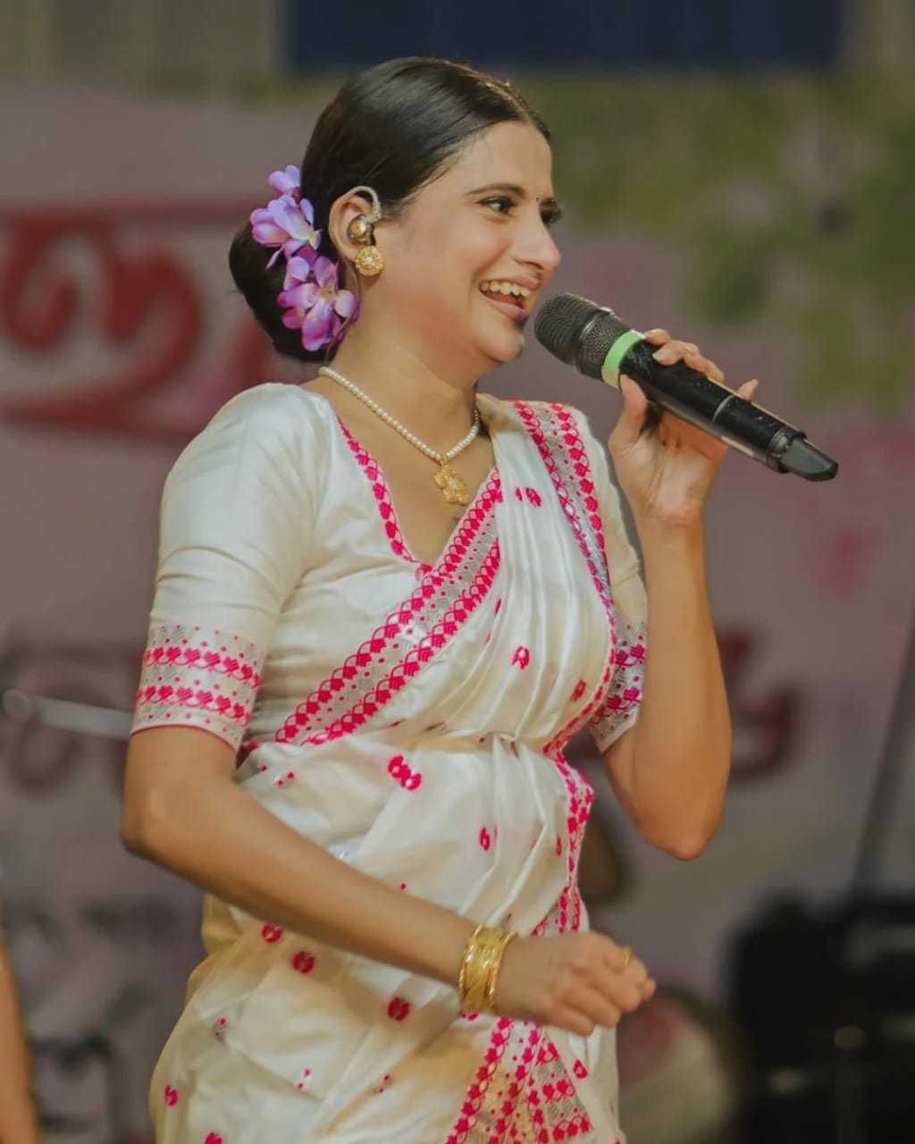 White & Pink Art Silk Assamese Mekhela Chador with Running Blouse