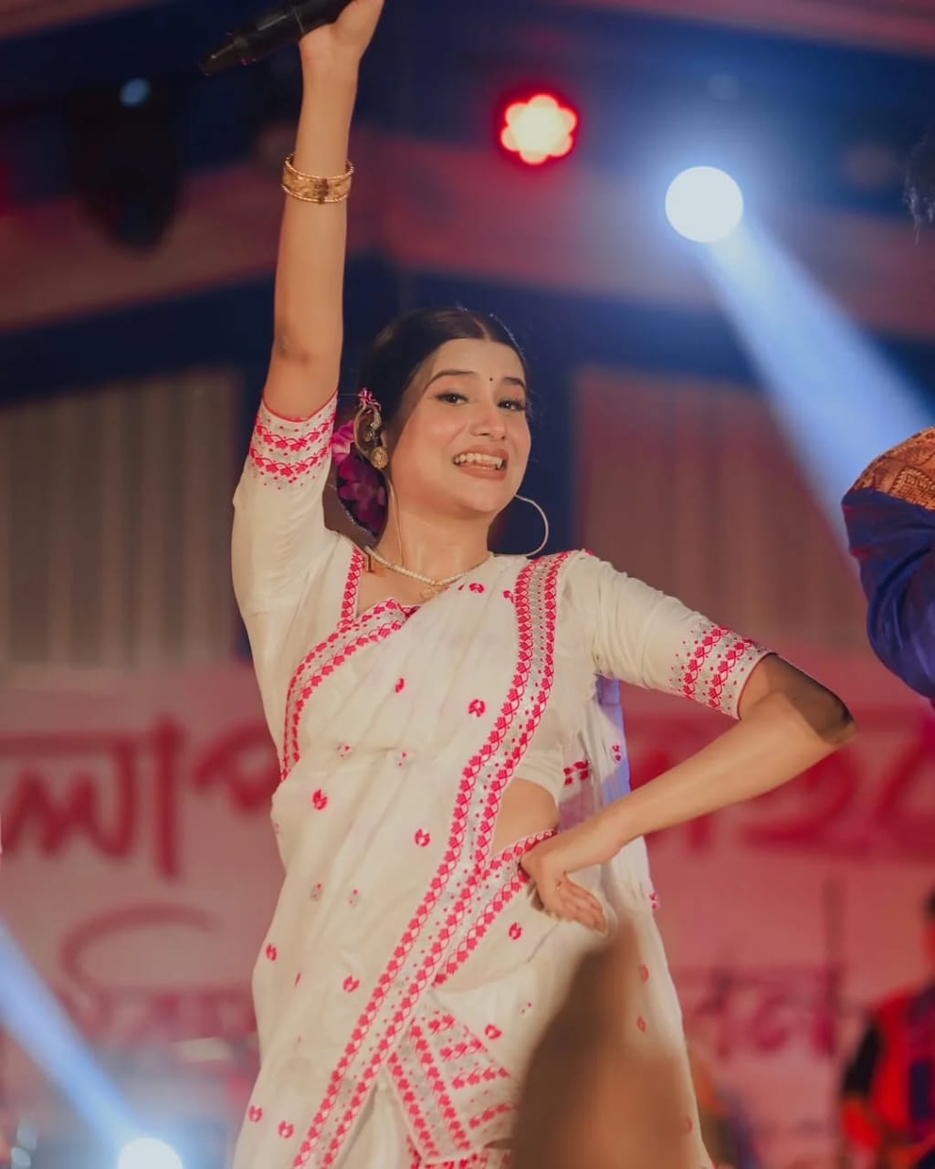 White & Pink Art Silk Assamese Mekhela Chador with Running Blouse