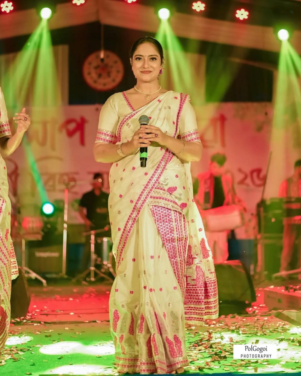 White & Pink Art Silk Assamese Mekhela Chador with Running Blouse