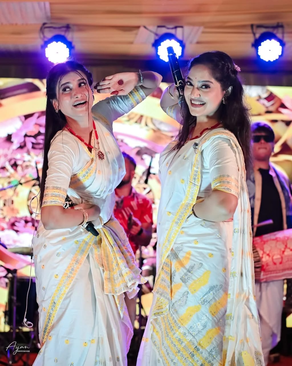 White & Yellow Poly Silk Assamese Mekhela Chador with Blouse