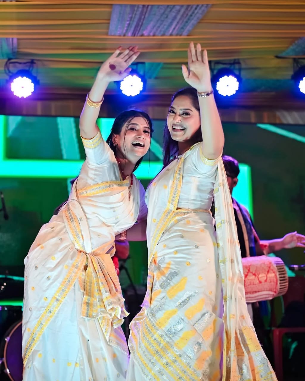 White & Yellow Poly Silk Assamese Mekhela Chador with Blouse