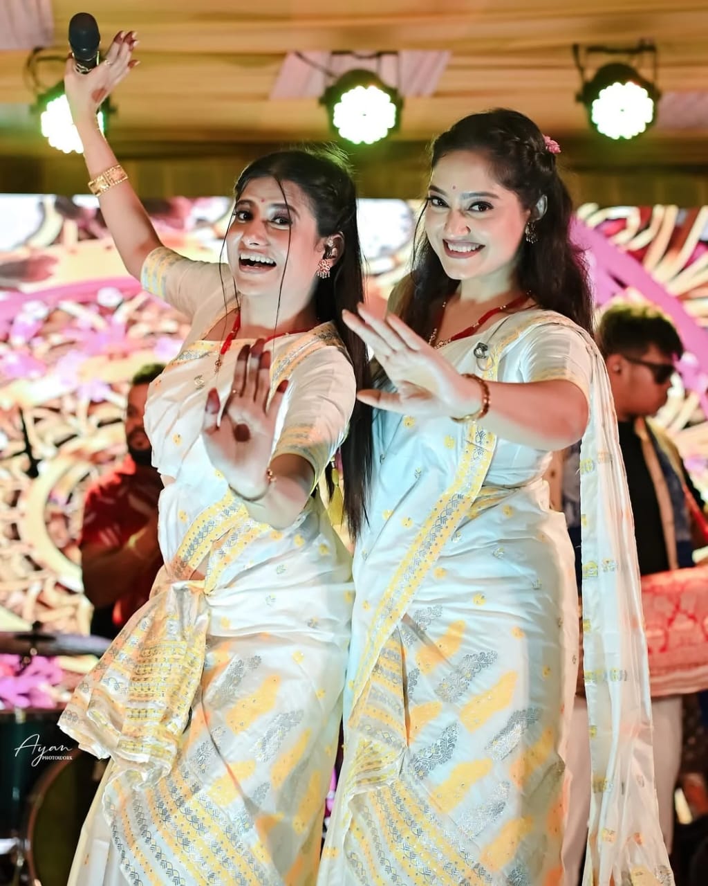 White & Yellow Poly Silk Assamese Mekhela Chador with Blouse