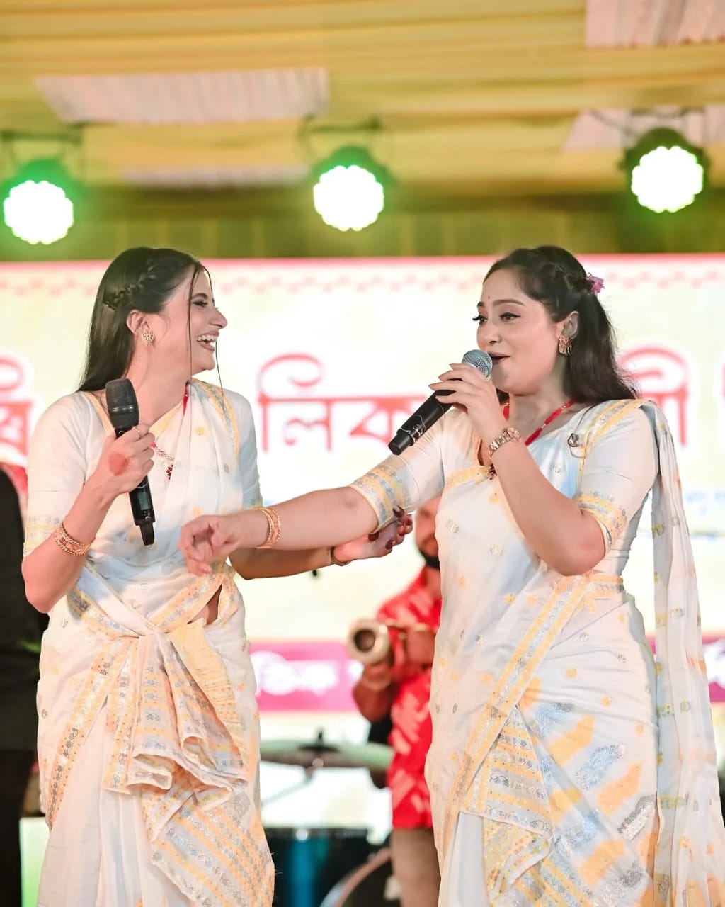 White & Yellow Poly Silk Assamese Mekhela Chador with Blouse