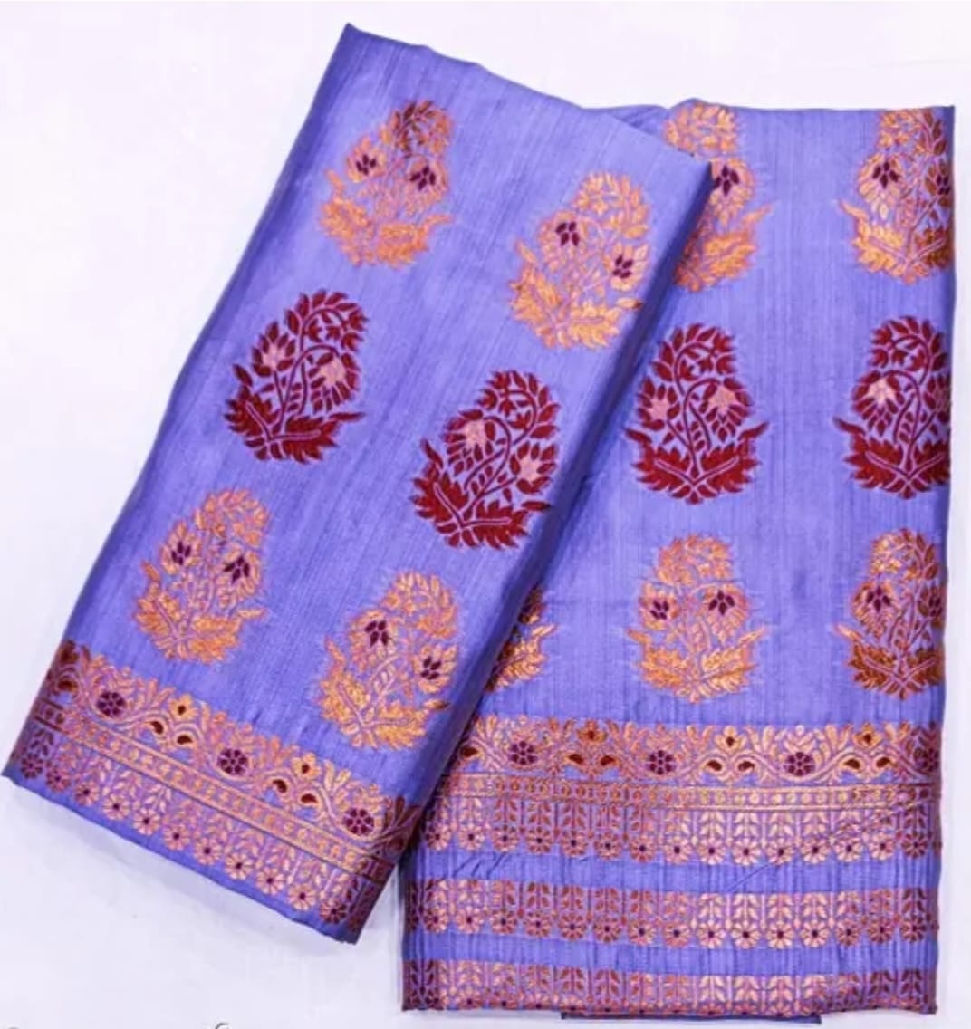 Dyed Toss Soft Silk Mekhela Chador Set – Golden & Blue Motif