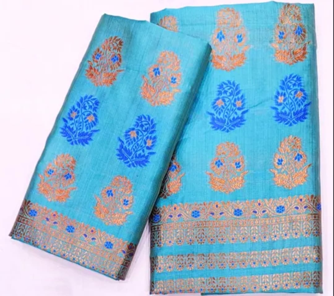 Dyed Toss Soft Silk Mekhela Chador Set – Golden & Blue Motif